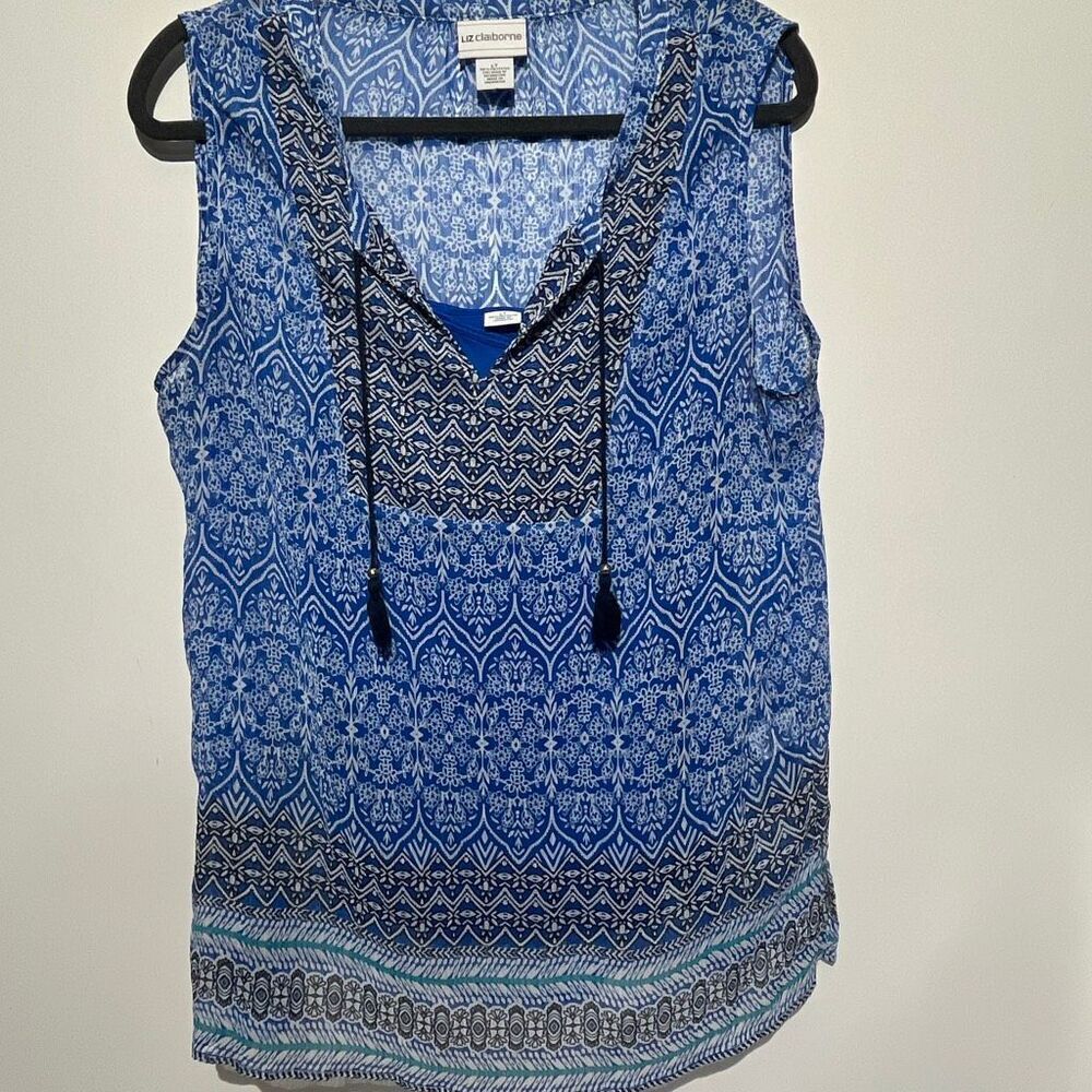 Liz Claiborne Womens Blue Tassel Tie Neck Tunic Sleeveless 2 in 1 Top Large Tall - Picture 1 of 12